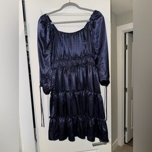 ARULA Navy Blue Satin Long Sleeve Tiered Mini Dress size X